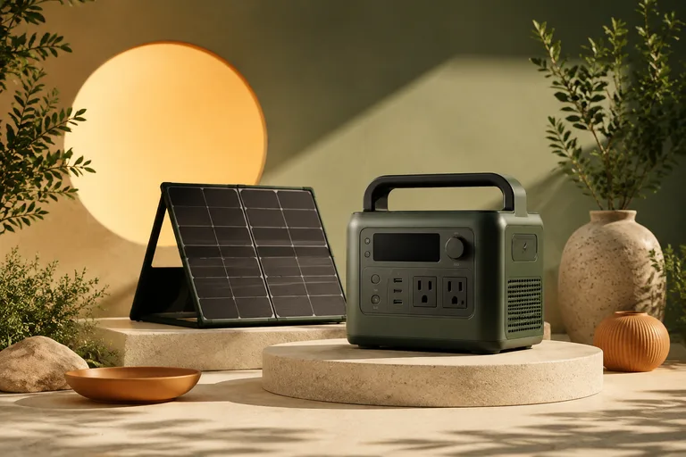 Editorial illustration: Portable battery power station and small freestanding solar panel, golden sunlight and large geometric sun disc.