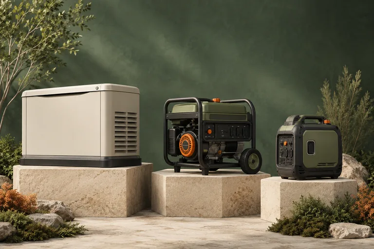 Editorial illustration: Three types of home generator on staggered stone plinths: enclosed standby, wheeled portable, small handled inverter.