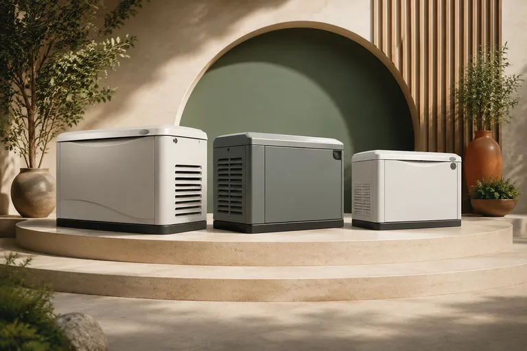 Editorial illustration: Three different unbranded residential standby enclosures on a semicircular exhibition platform, front three-quarter views, selection theme.