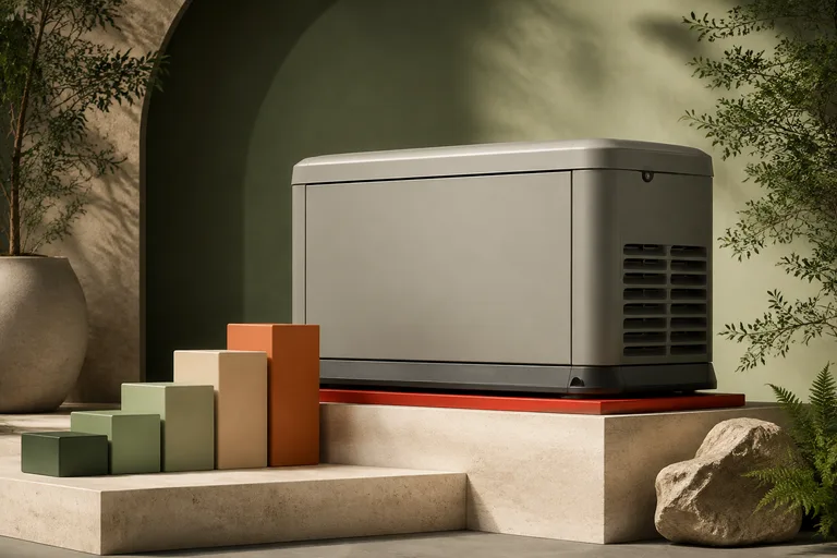 Editorial illustration: Conceptual PowerProtect Plus 26 kW guide artwork: warm-gray generic standby enclosure on red-accent plinth with layered capacity blocks.