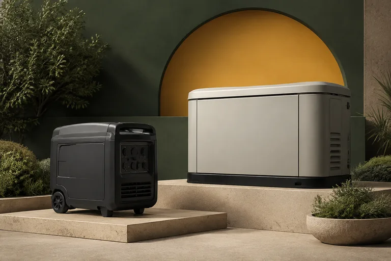 Editorial illustration: Unbranded dark portable generator and pale standby enclosure with a mustard-yellow arch backdrop, conceptual product range research.