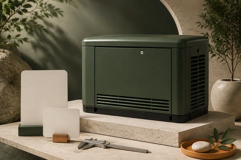Editorial illustration: Conceptual RS20A model guide artwork: forest-green generic standby enclosure, blank specification cards and small measuring caliper.