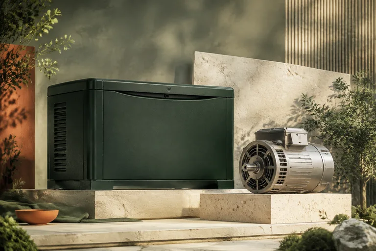 Editorial illustration: Unbranded deep-green standby enclosure and a precision metal component on an ivory block, conceptual generator brand research.