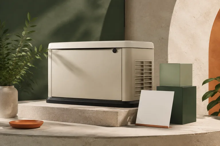 Editorial illustration: Conceptual 22 kW guide artwork: one generic beige standby enclosure with two small stacked capacity blocks and a blank specification card.