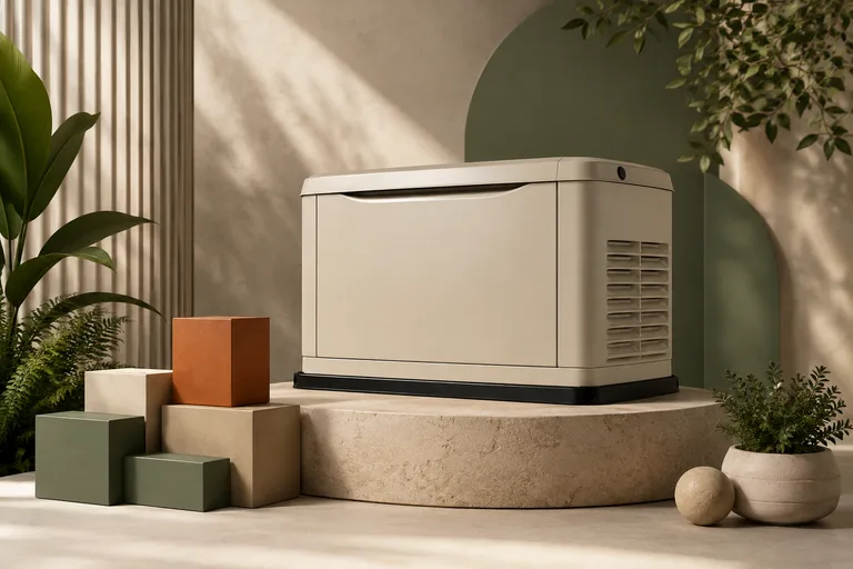 Editorial illustration: Conceptual 26 kW model guide: generic beige standby enclosure on a circular plinth, capacity blocks arranged around one edge, sage and orange tones.