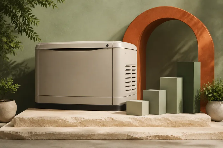 Editorial illustration: Conceptual 28 kW model guide: large generic beige standby enclosure with ascending capacity blocks and an orange arch.