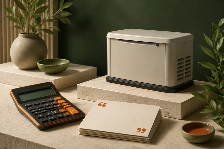 Editorial illustration: Orange-accent calculator beside an unbranded standby generator miniature and stacked blank quote sheets, equipment budget research.