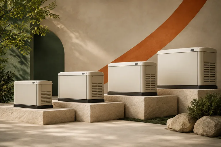 Editorial illustration: Four unbranded beige standby enclosures in a clean receding lineup with abstract orange stripe behind them, range comparison concept.