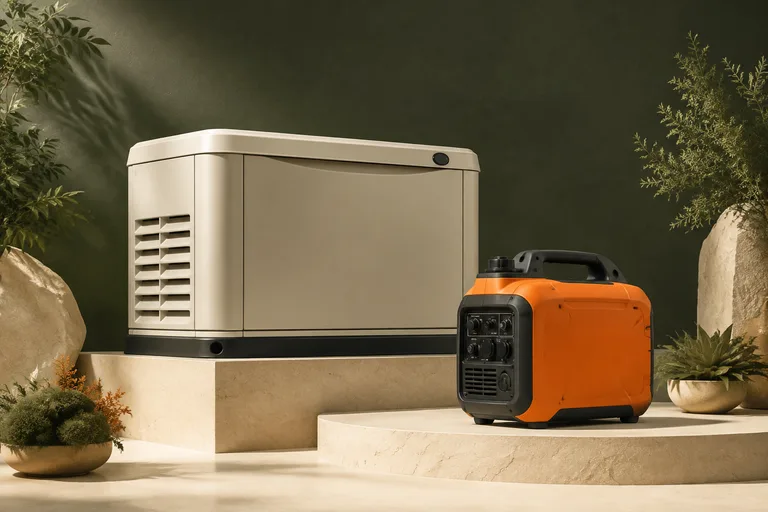 Editorial illustration: Unbranded beige standby enclosure and orange compact portable generator on a warm ivory stage with deep-green background, brand range concept.
