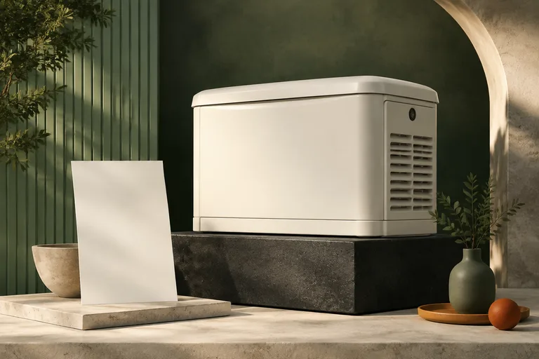 Editorial illustration: Conceptual 26RCA model guide artwork: ivory generic standby enclosure, black stone pedestal and clean blank specification sheet.