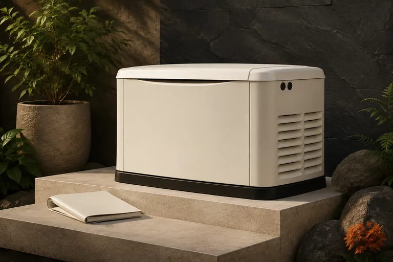 Editorial illustration: Unbranded ivory standby generator enclosure with black stone background and folded blank equipment manual, editorial brand research.