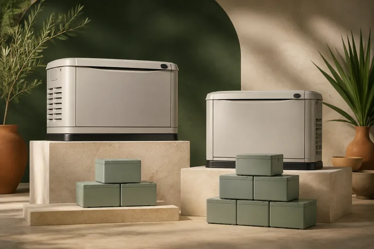 Editorial illustration: Two generic standby generator enclosures on unequal-height plinths with differing stacks of small capacity blocks, comparison of capacity options.