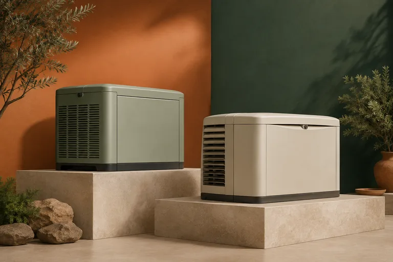 Editorial illustration: Two different generic standby enclosures on paired plinths, warm-orange backdrop on left and deep-green on right, comparison research.