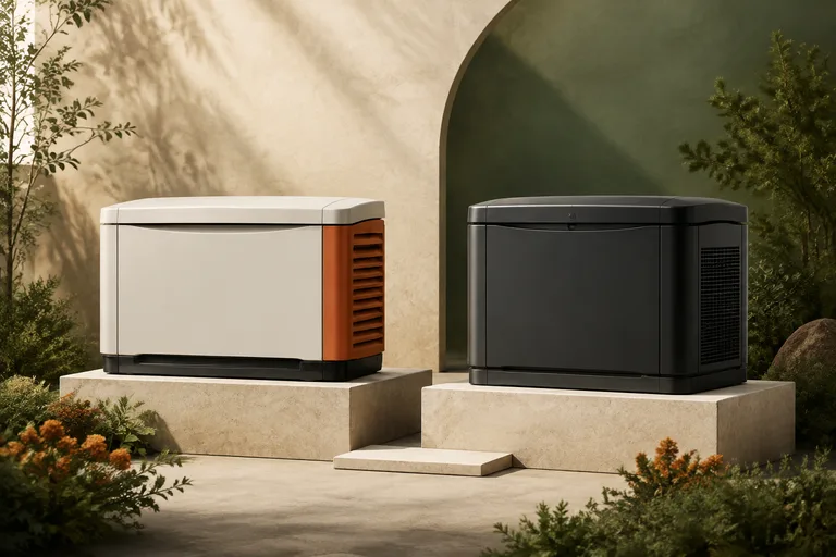 Editorial illustration: Two generic residential standby enclosures on paired platforms, warm-orange accent on left and matte black accent on right, comparison research.