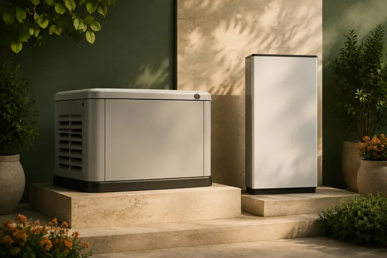 Editorial illustration: Residential standby generator on left and slim home battery cabinet on right, balanced split still life with warm central light.