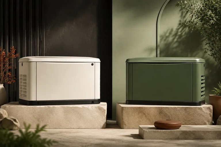 Editorial illustration: Two generic standby enclosures, ivory with black backdrop at left and forest-green with sage backdrop at right, conceptual brand comparison.