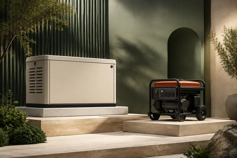 Editorial illustration: Permanent standby enclosure on stone pad at left and wheeled portable generator on isolated platform at right, equipment comparison.