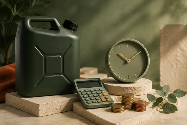 Editorial illustration: Fuel can beside a small calculator, clock dial without numerals and modest stack of coins, fuel running cost still life.