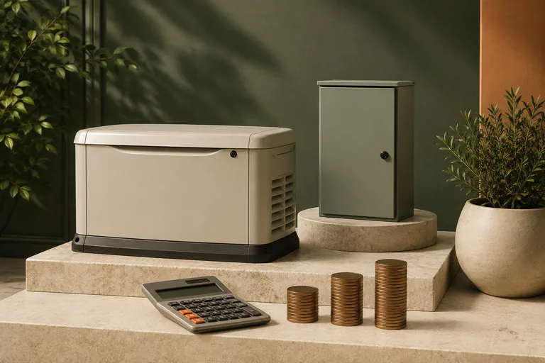 Editorial illustration: Standby generator miniature, transfer-switch enclosure, calculator and three tidy stacks of coins representing installed project costs.