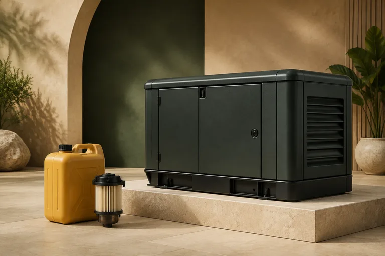 Editorial illustration: Dark enclosed diesel generator beside a yellow fuel can and fuel filter, staged separately in a spacious studio.