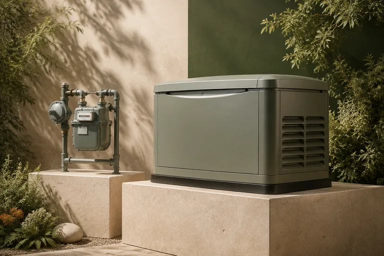 Editorial illustration: Closed residential natural-gas meter and standalone standby enclosure on parallel plinths, disconnected conceptual supply props.