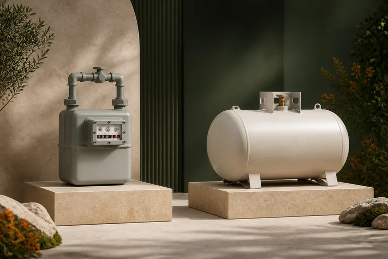 Editorial illustration: Two balanced display platforms: natural-gas meter on the left and horizontal propane tank on the right, calm comparison composition.