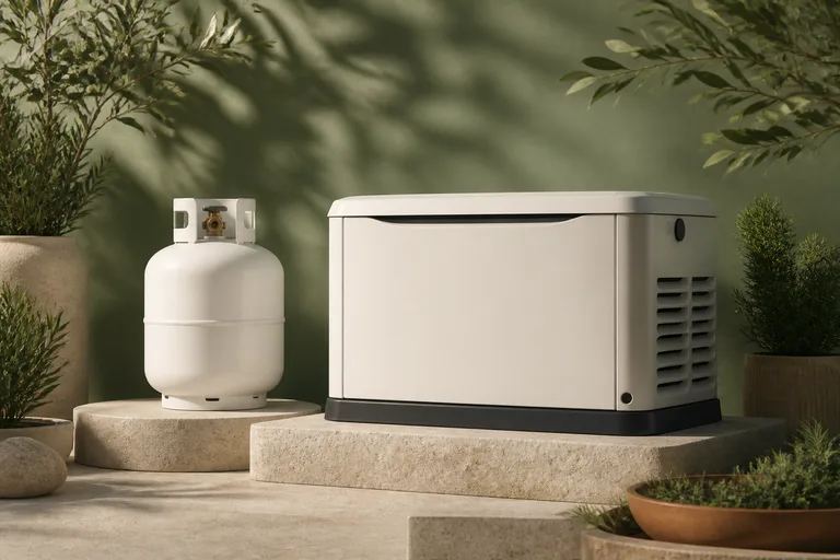 Editorial illustration: White propane cylinder beside a compact residential generator enclosure, leaf shadows and sage backdrop.