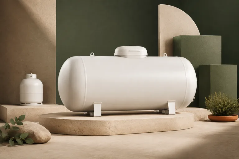Editorial illustration: Horizontal white propane tank model on two saddle supports with smaller reserve tank silhouette and abstract volume blocks.