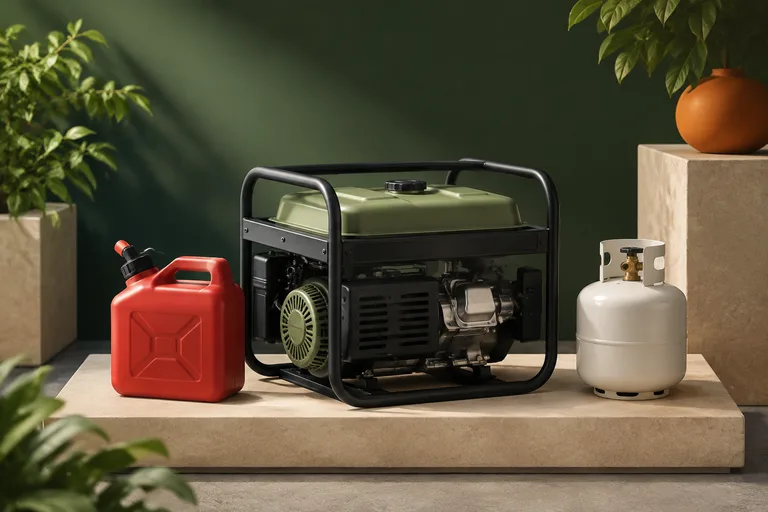 Editorial illustration: Unbranded open-frame portable generator flanked by a red gasoline can and a small white propane cylinder, separate still-life objects.