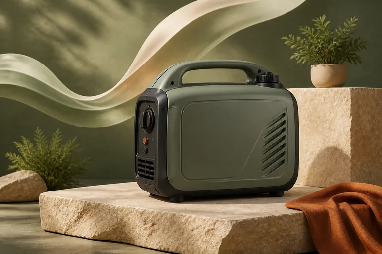 Editorial illustration: Compact sage-green suitcase-style inverter generator with a curved carrying handle, floating abstract smooth wave ribbon behind it.