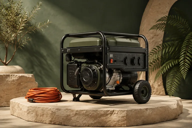 Editorial illustration: Rugged wheeled open-frame portable generator on an isolated stone pedestal with coiled extension cord as a separate prop, not connected.