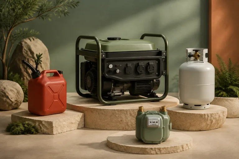 Editorial illustration: Three fuel symbols surrounding a portable generator: gasoline can, propane cylinder and disconnected natural-gas meter, clean triangular composition.