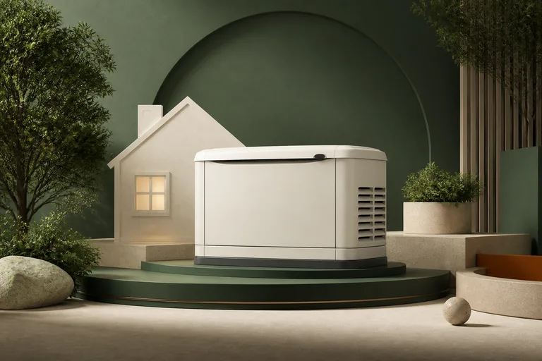 Editorial illustration: Quiet unbranded standby enclosure with miniature house silhouette on a deep green presentation stage.