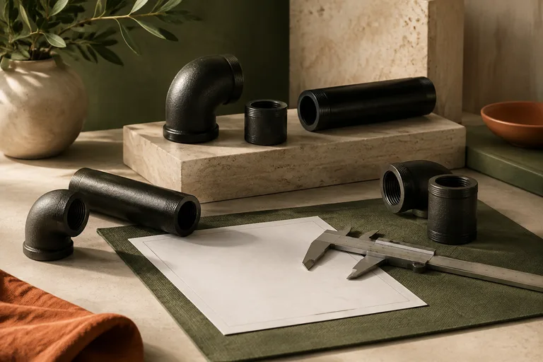 Editorial illustration: Several disconnected black gas-pipe elbows and straight sections, measuring caliper and blank planning sheet, engineering assessment still life.