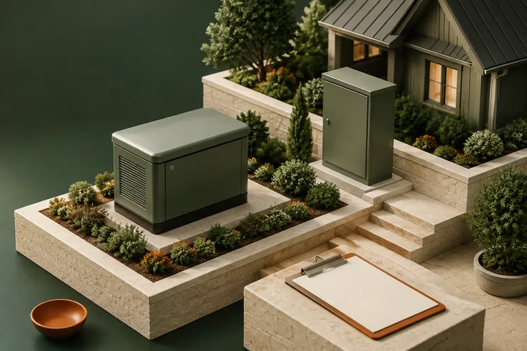 Editorial illustration: Isometric miniature property site with detached generator enclosure, closed electrical cabinet and blank clipboard, installation overview.
