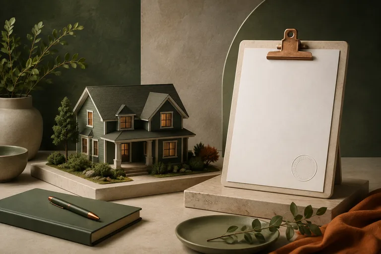 Editorial illustration: House model, blank permit document with embossed circular seal and a clipboard, administrative project planning.