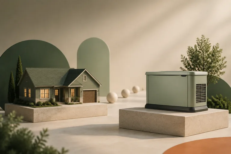 Editorial illustration: Miniature house and standby enclosure on separate plinths with generous negative space and abstract distance markers without numbers.