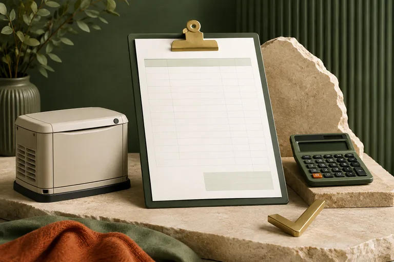 Editorial illustration: Blank itemized quotation sheet on a clipboard with small generator miniature, calculator and a checkmark-shaped brass object.