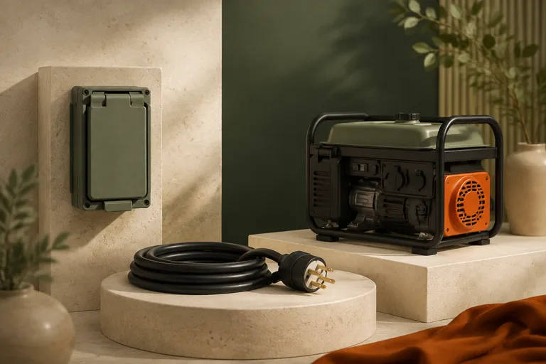 Editorial illustration: Closed electrical inlet box, unplugged heavy-duty cable and portable generator miniature staged separately; no wiring or connection instruction.