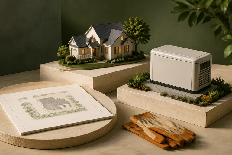 Editorial illustration: Miniature house, standby enclosure on its pad, blank site plan and work gloves staged separately, complete installation project.