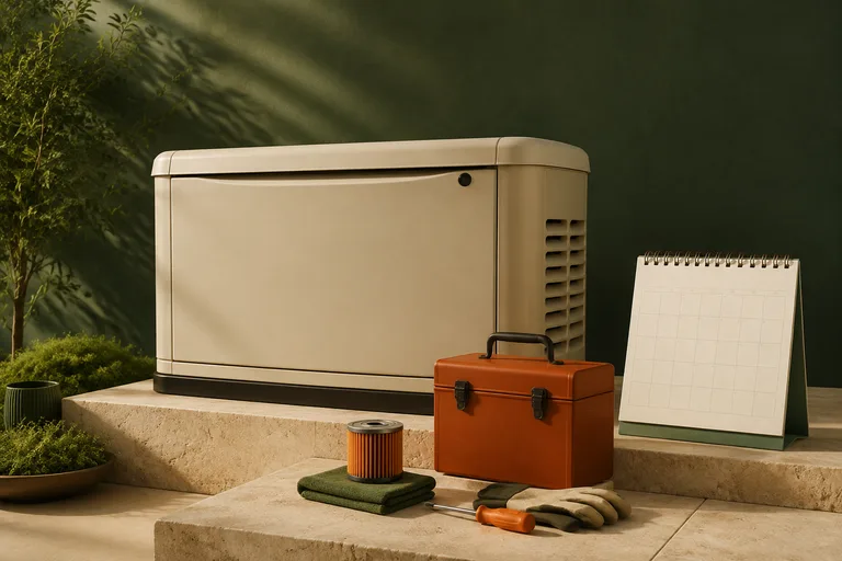 Editorial illustration: Beige unbranded standby enclosure with orange service toolkit, oil filter and blank maintenance calendar.