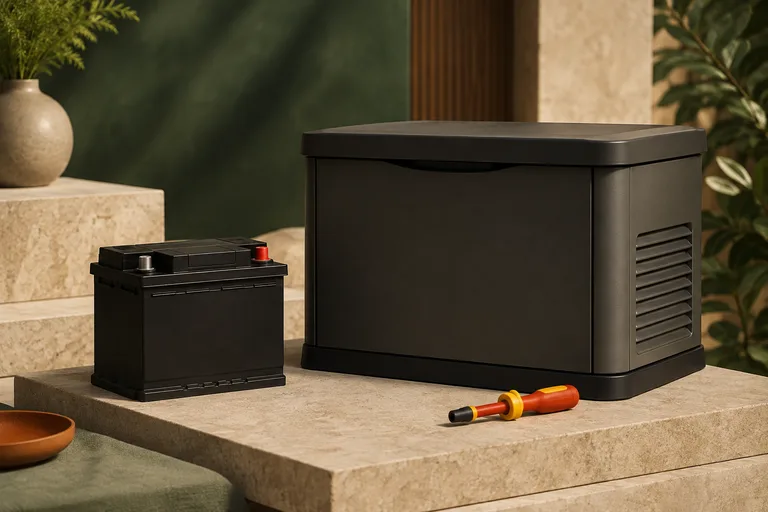Editorial illustration: Sealed black starter battery beside a closed standby enclosure miniature and small insulated service tool, no cables connected.