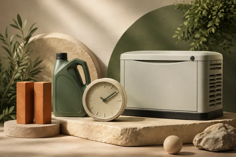 Editorial illustration: Standby generator miniature beside a clock without numbers, oil bottle and pause-shaped sculptural blocks, extended outage servicing concept.