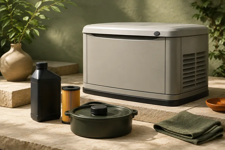 Editorial illustration: Unbranded oil bottle, filter and capped oil drain pan beside a closed generator miniature, clean service supplies still life.