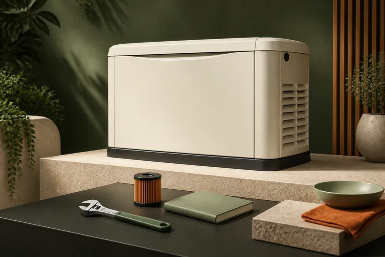 Editorial illustration: Ivory unbranded standby enclosure next to neatly arranged wrench, oil filter and blank service booklet on black and sage surfaces.