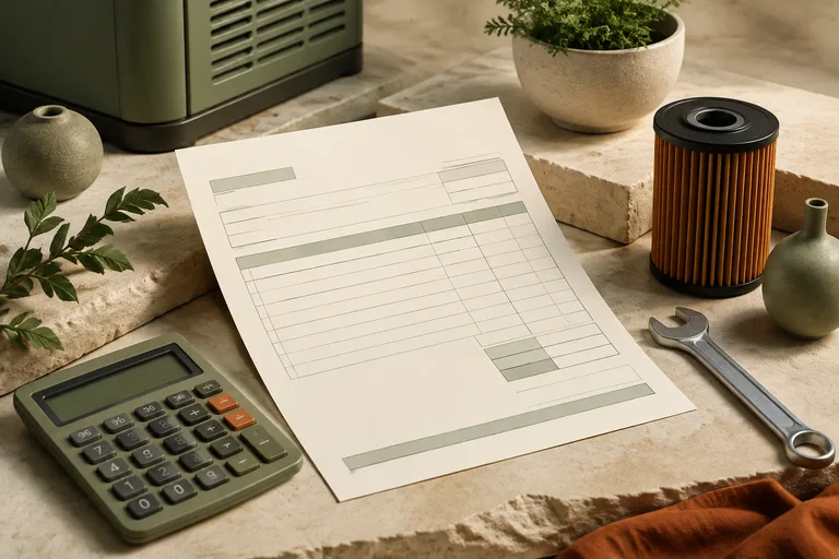 Editorial illustration: Blank service invoice, calculator, oil filter and wrench on pale stone, ongoing maintenance budget.