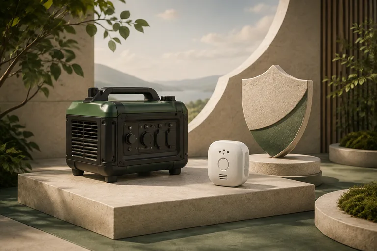 Editorial illustration: Portable generator miniature on isolated open-air platform, detached carbon-monoxide alarm and abstract shield sculpture, safety research without installation claims.