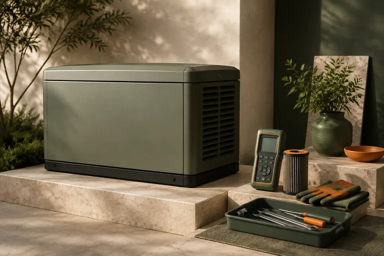Editorial illustration: Closed generator enclosure beside neatly organized diagnostic meter and service tools, repair assessment, no exposed wiring.