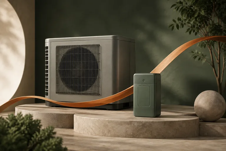 Editorial illustration: Closed outdoor air-conditioning unit and small sealed soft-start module alongside a smooth curved rising ribbon, conceptual motor startup.