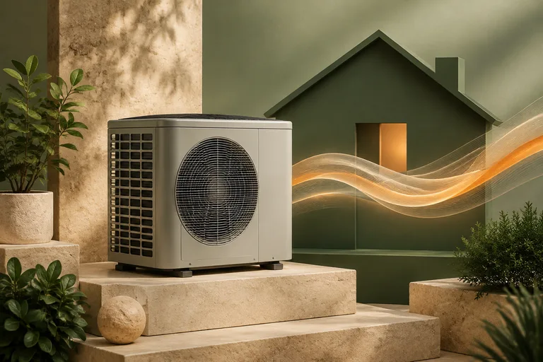 Editorial illustration: Outdoor central-air condenser miniature with house silhouette and prominent abstract startup wave, no actual electrical connections.